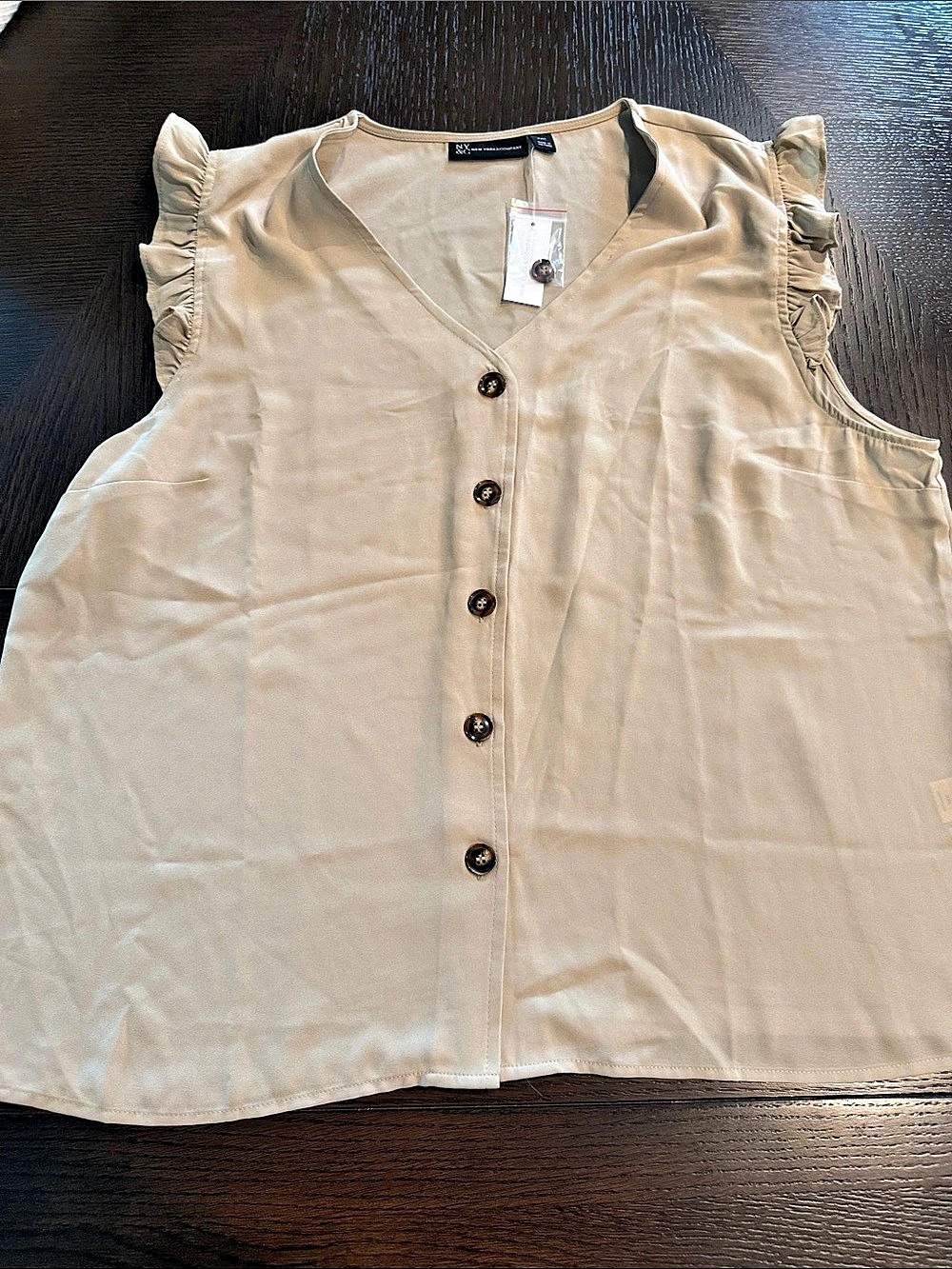 NY&C Ruffle Sleeve Button Front Beige XL NWT